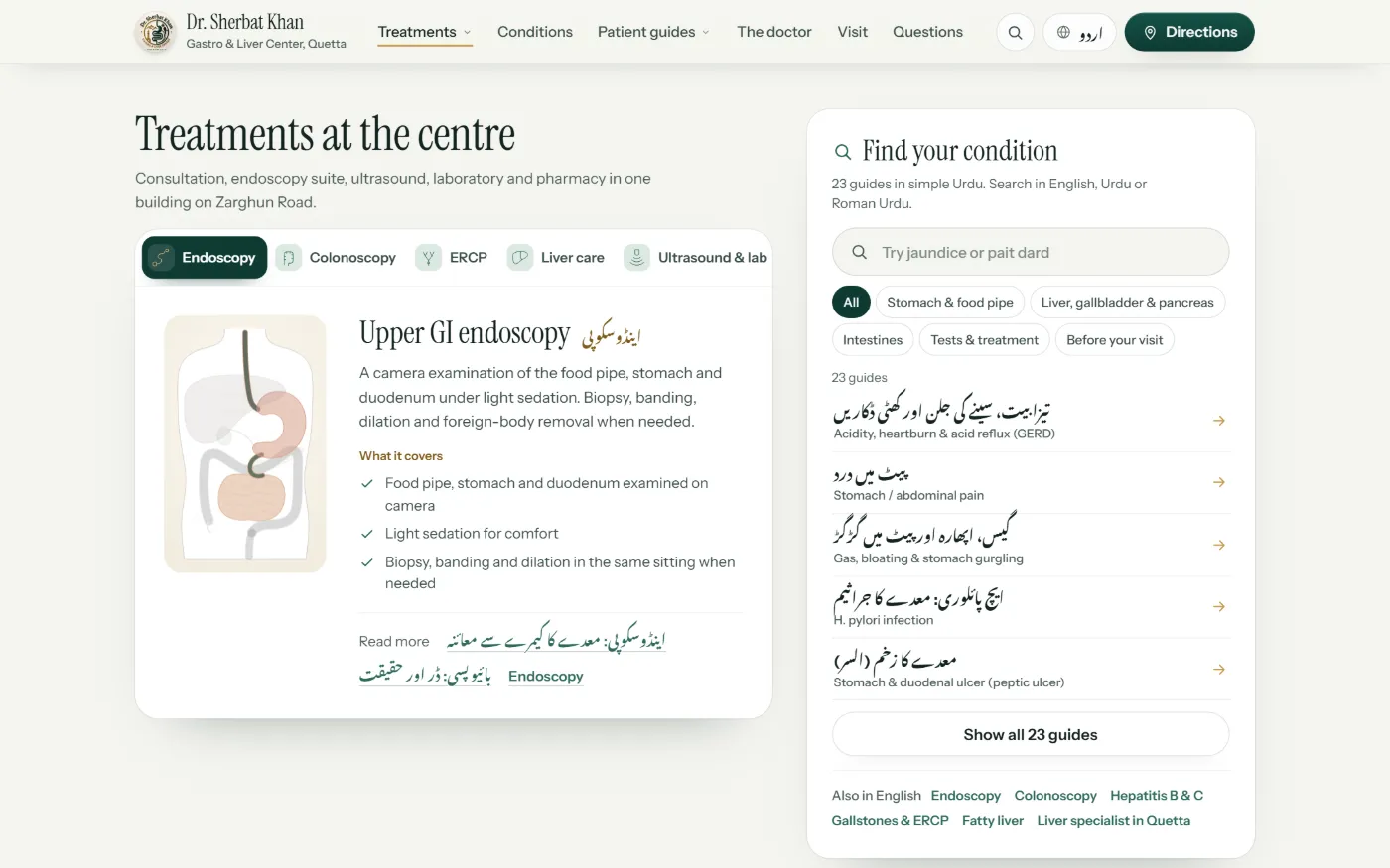 Dr. Sherbat Khan website — the portal: treatment tabs with a small body figure that lights the organs each treatment reaches, beside the Find your condition search