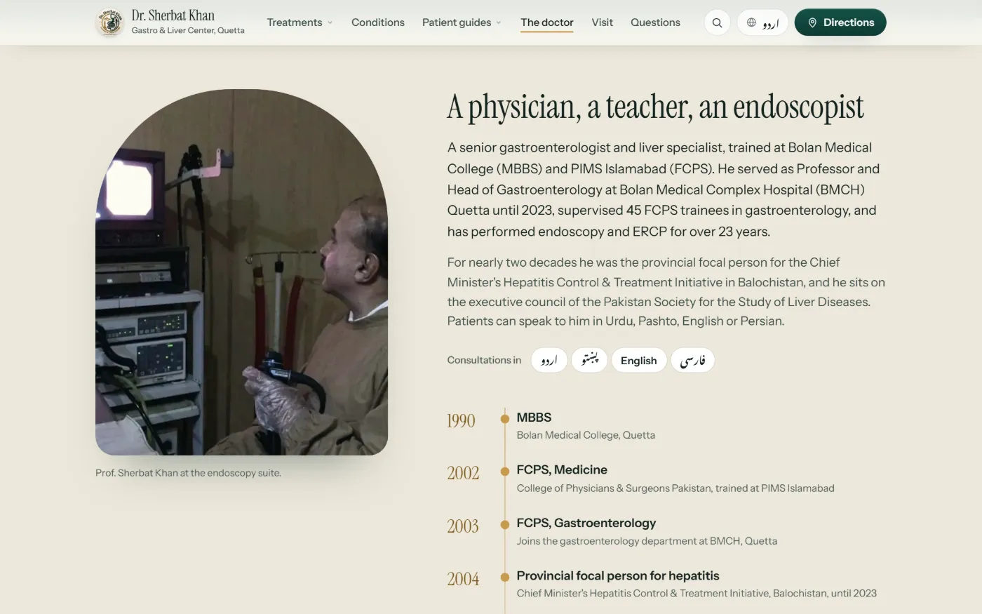Dr. Sherbat Khan website — the doctor: biography, languages and career timeline