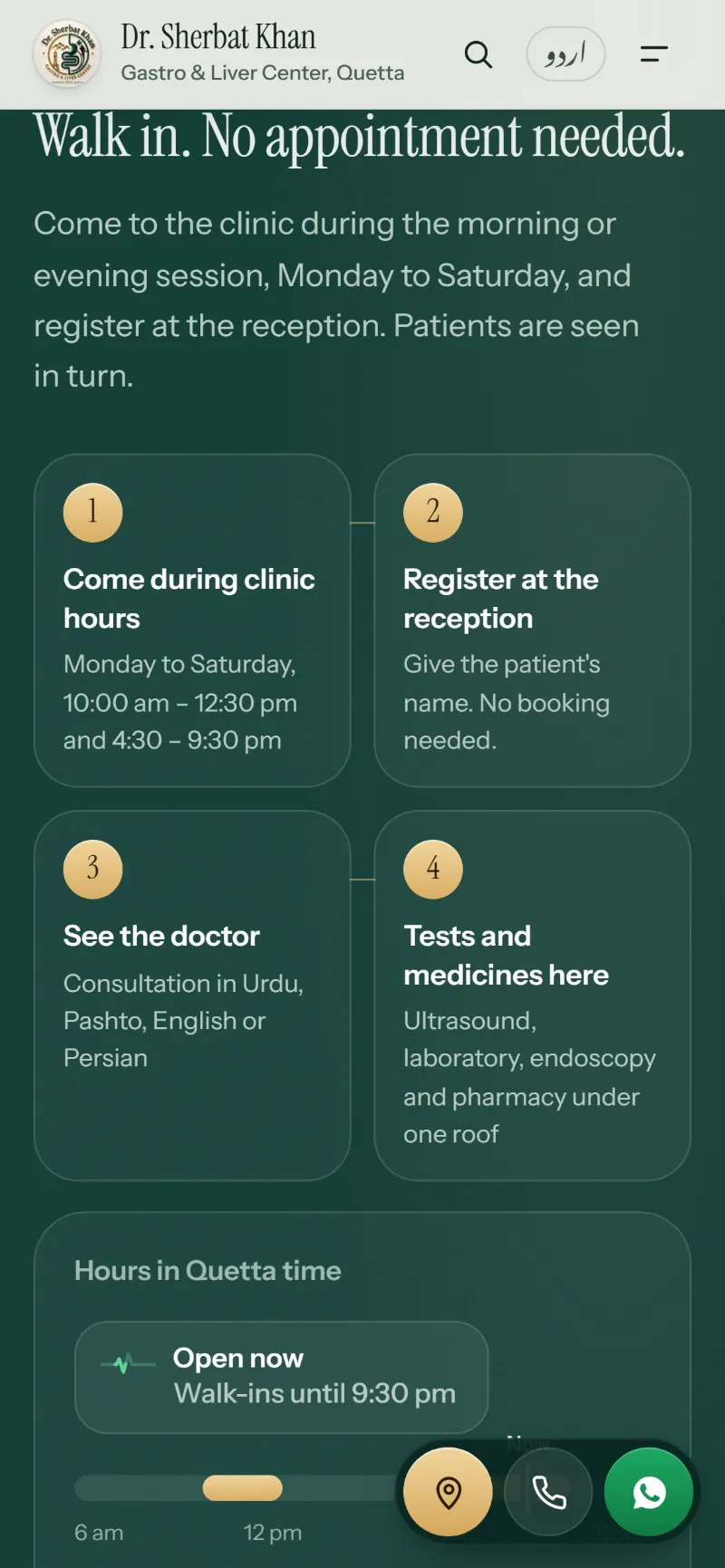 Dr. Sherbat Khan website — Walk in. No appointment needed: four numbered steps on a phone