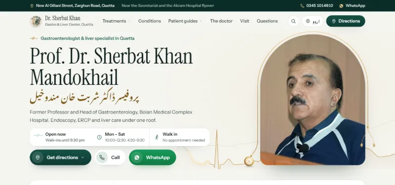 Dr. Sherbat Khan website — the hero on a 1366 by 768 laptop: name, clinic panel and all three actions on the first screen