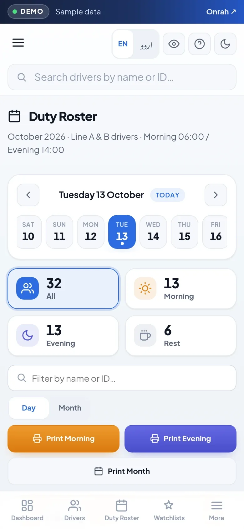 Driver Performance App — duty roster with shift counts on mobile