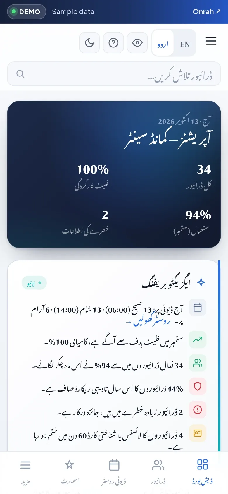 Driver Performance App — dashboard in Urdu with right-to-left layout on mobile
