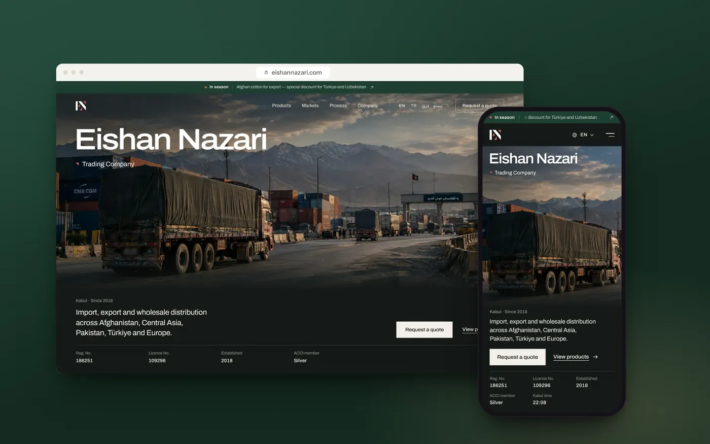 Eishan Nazari website — English home page on a laptop and a phone