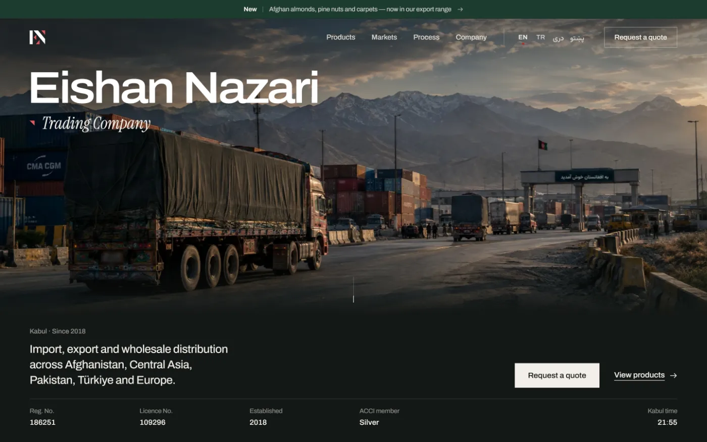 Eishan Nazari Trading Company website on a laptop, the home page