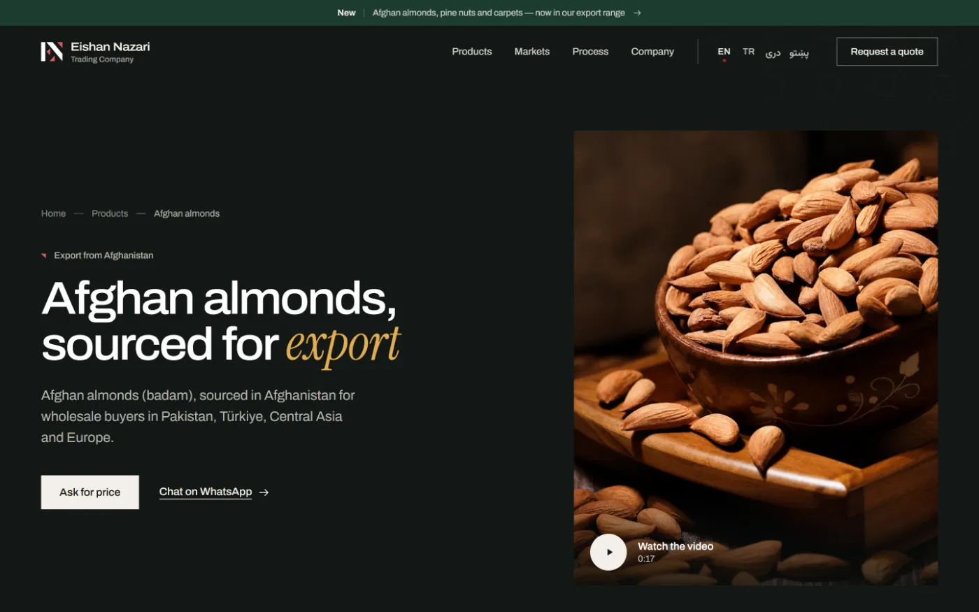 Eishan Nazari product page: Afghan almonds, sourced for export, with a large photograph of almonds in a wooden bowl