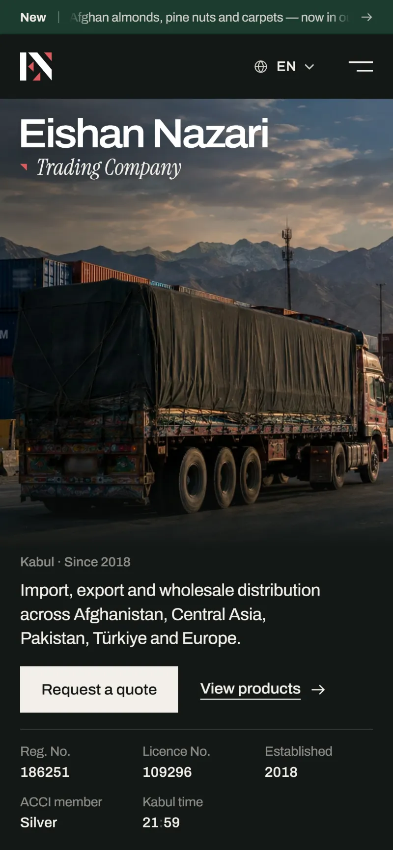 Eishan Nazari homepage on a phone: a truck at an Afghan border crossing under the name, with the registry numbers below