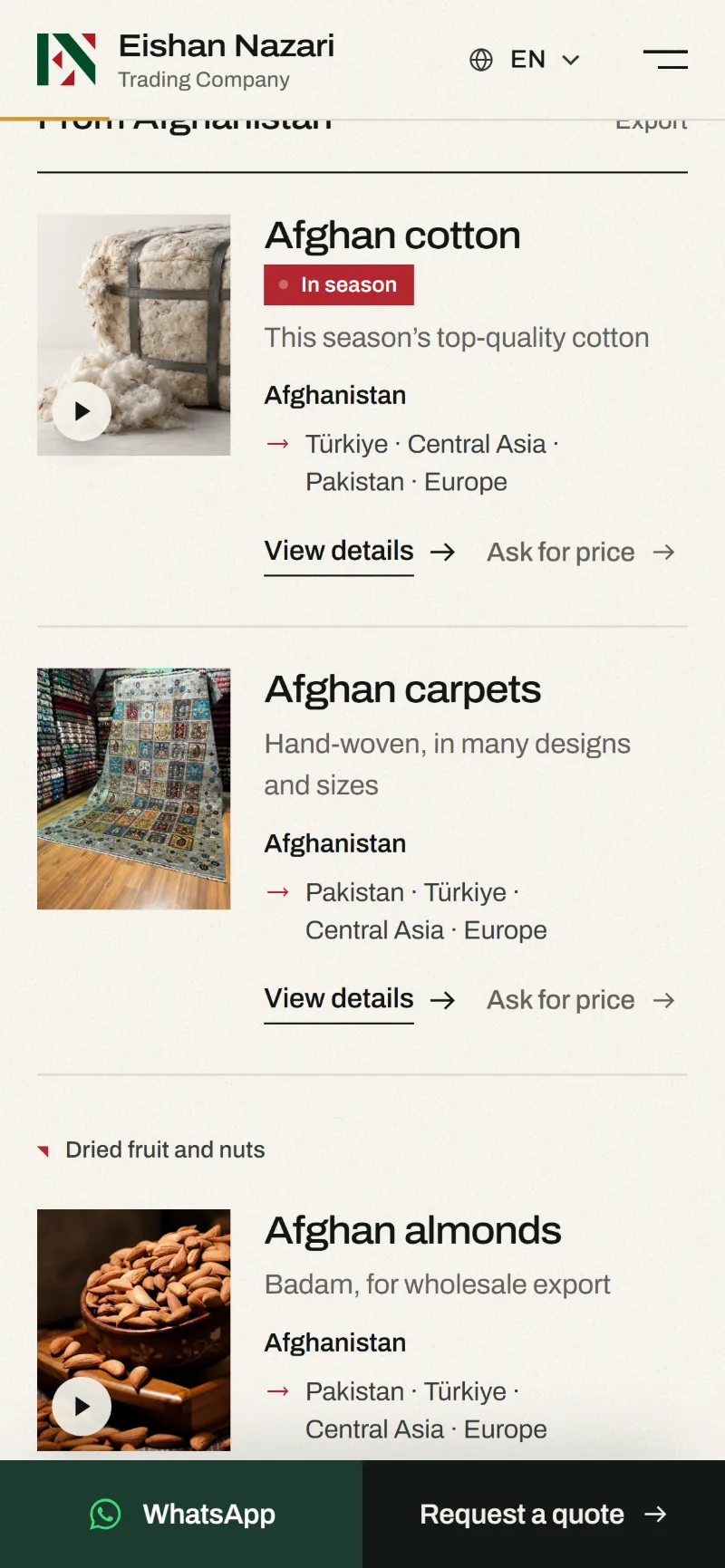 Eishan Nazari products on a phone, each collapsed into a single readable route