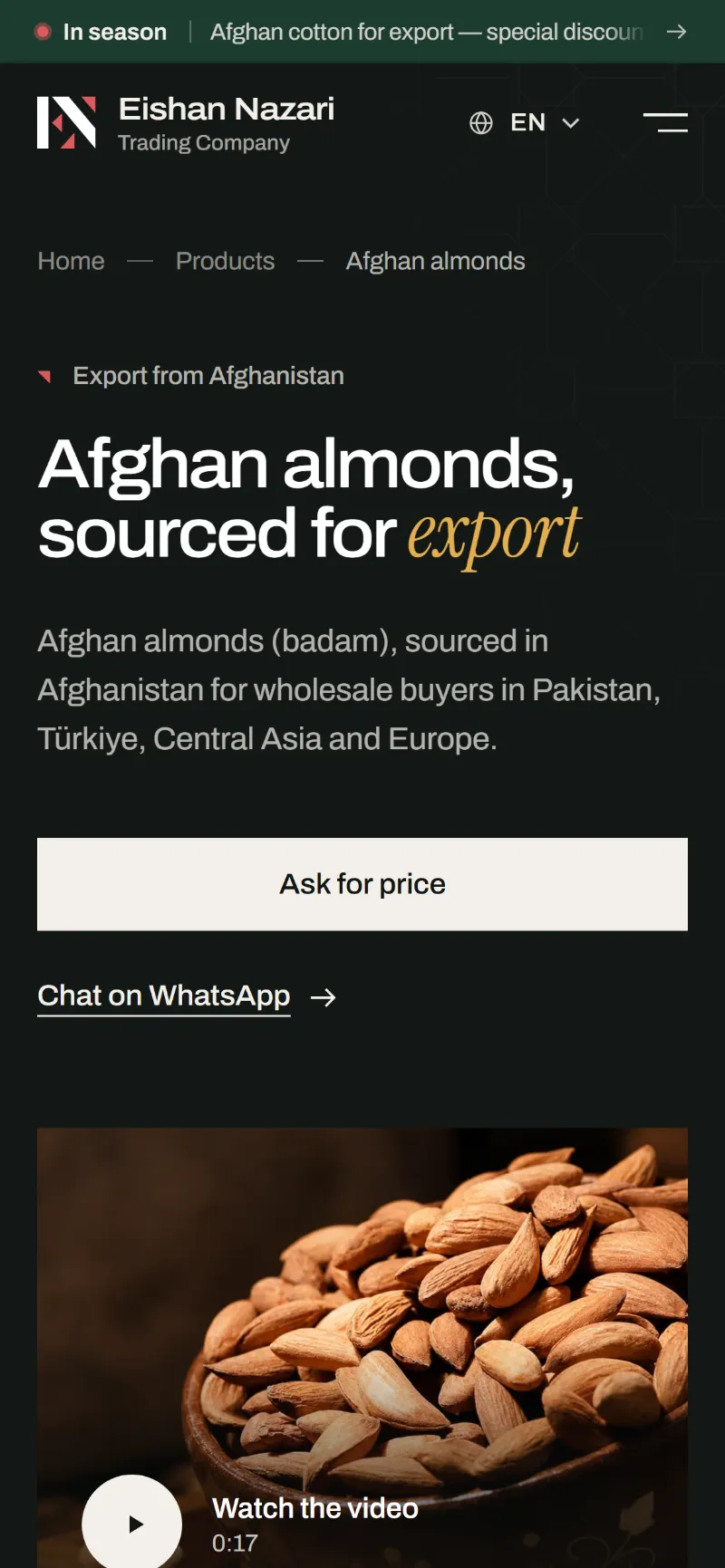 Eishan Nazari Afghan almonds product page on a phone, with Ask for price and Chat on WhatsApp