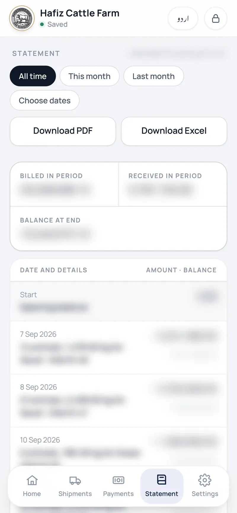Hafiz Cattle Ledger — account statement with period filters and PDF and Excel downloads, amounts blurred